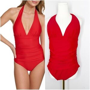 DKNY Red Halter One Piece Swimsuit Tummy Control UPF 40+ Size Large NWT